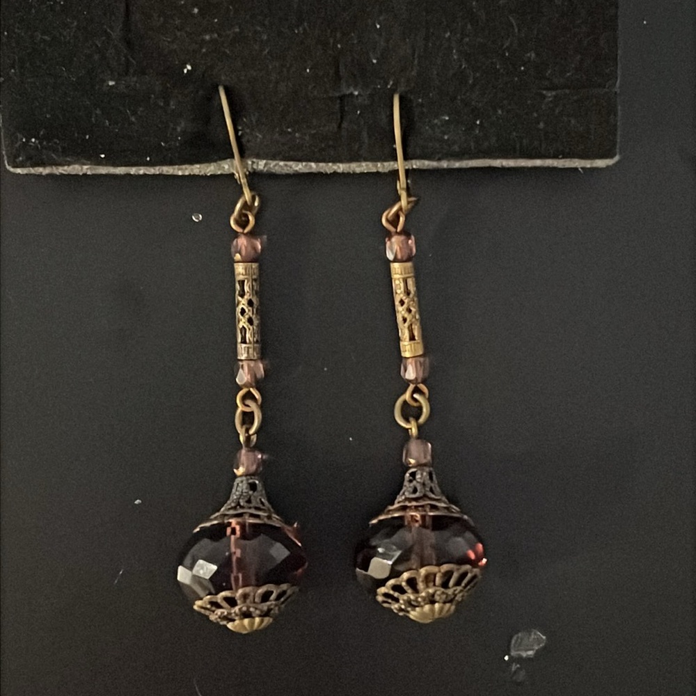 Antique Art Nouveau Bronze Filagree Purple Czech Glass Beaded Drop Earrings - Picture 7 of 15